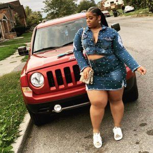 Such A Lady Pearl Denim Skirt Jacket Set Plus Size